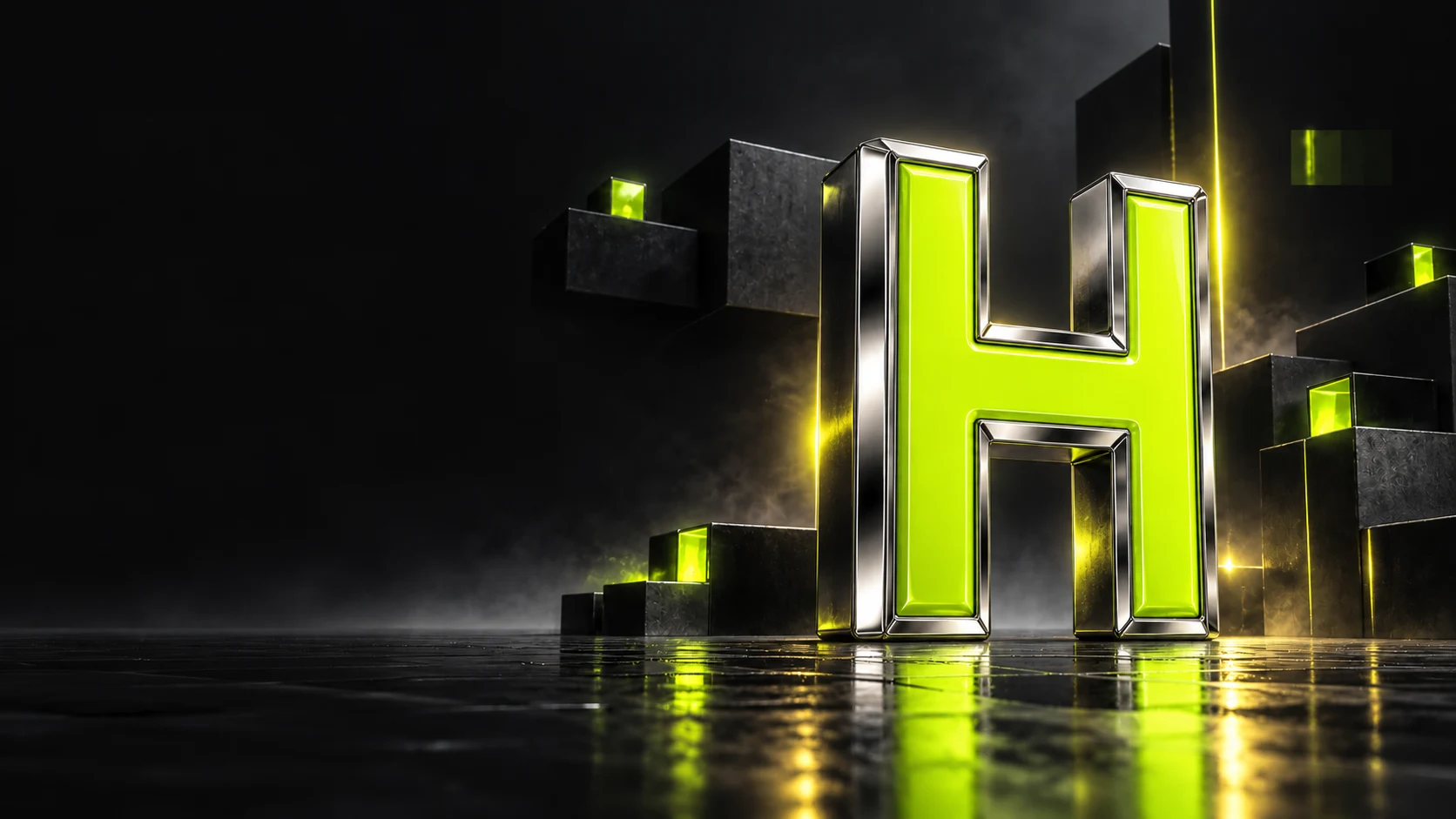 Chrome and lime Hally emblem in a graphite architectural landscape